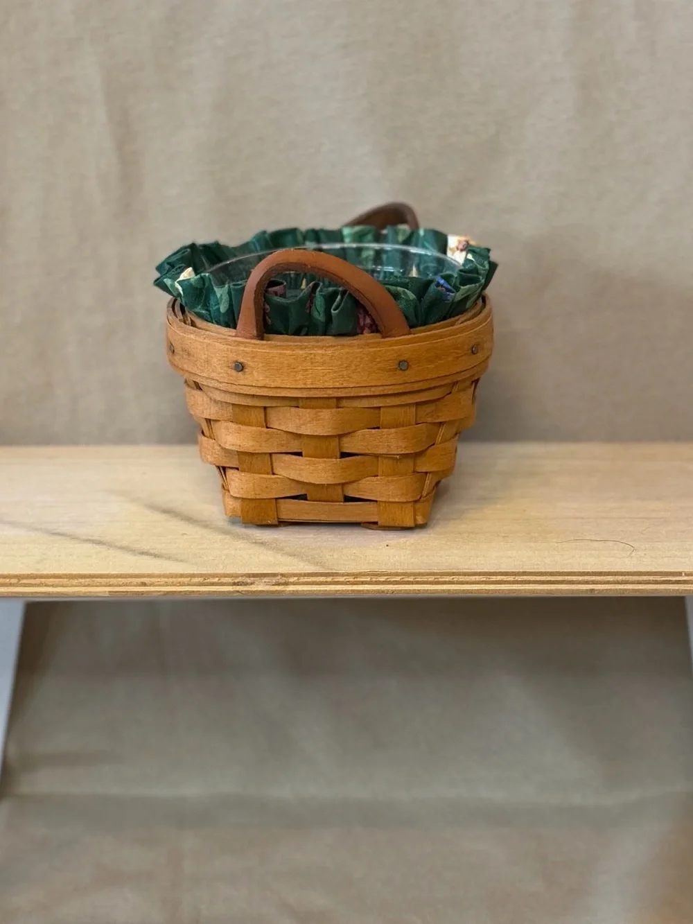 Longaberger Brown Woven Basket with Green Fabric Liner